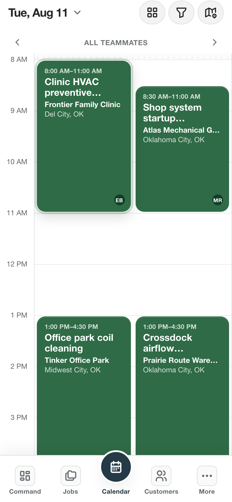 Runnit mobile calendar showing Tuesday jobs for Elena Brooks and Mason Reed
