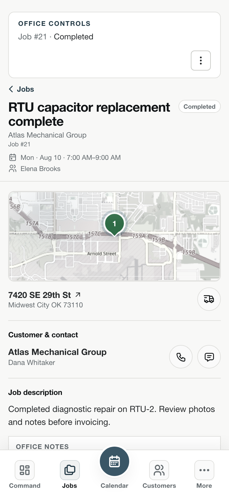 Runnit job for Atlas Mechanical Group, an RTU capacitor replacement with map, contact, and notes