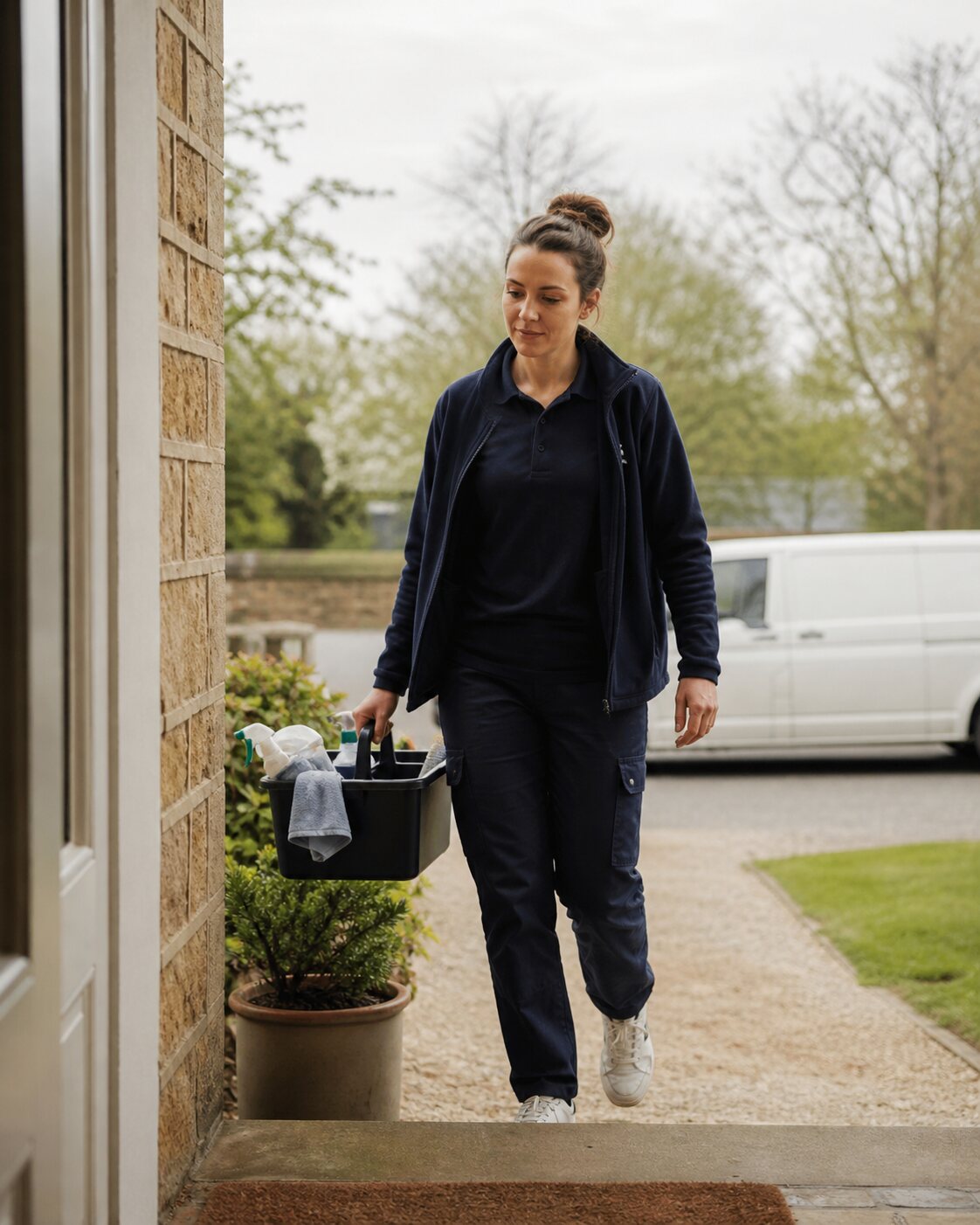 Cleaner arriving at a home with a supply tote