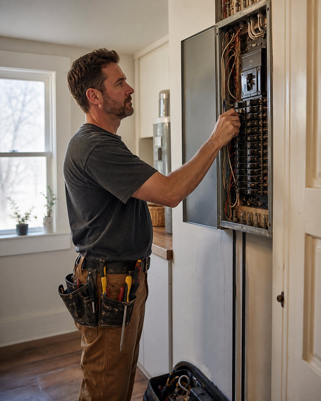 Electrician inspecting a residential service panel