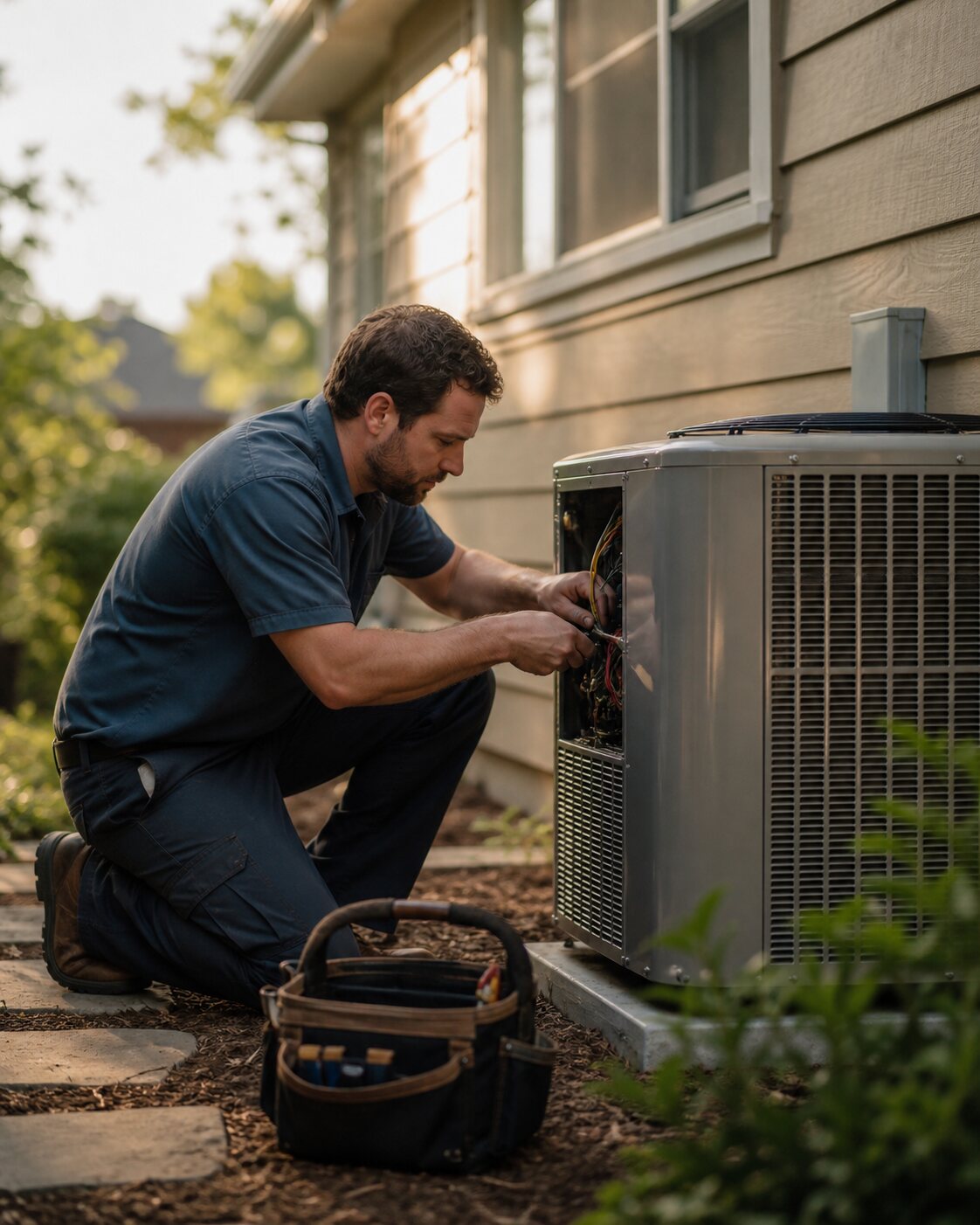 HVAC technician servicing an outdoor condenser