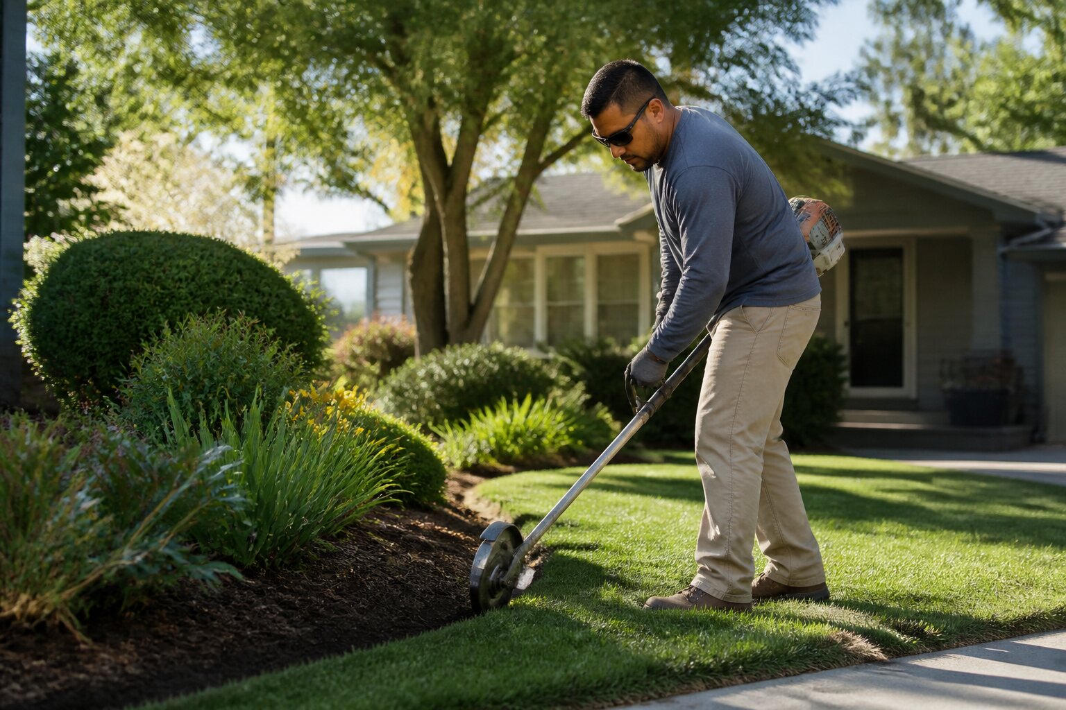 Landscaper edging a residential garden
