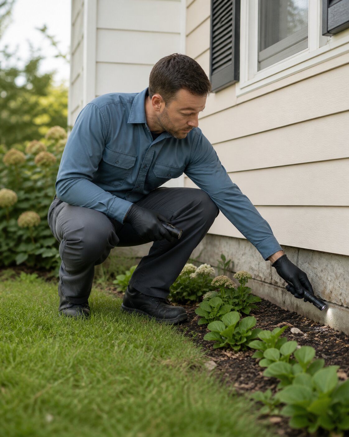 Pest-control technician inspecting a home foundation