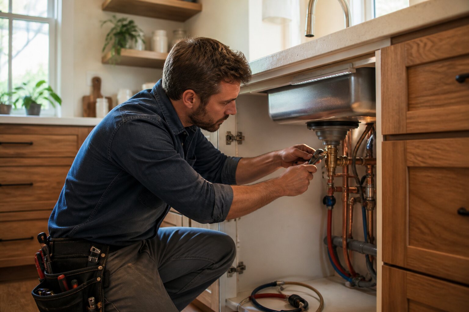 Plumber fitting a residential kitchen sink