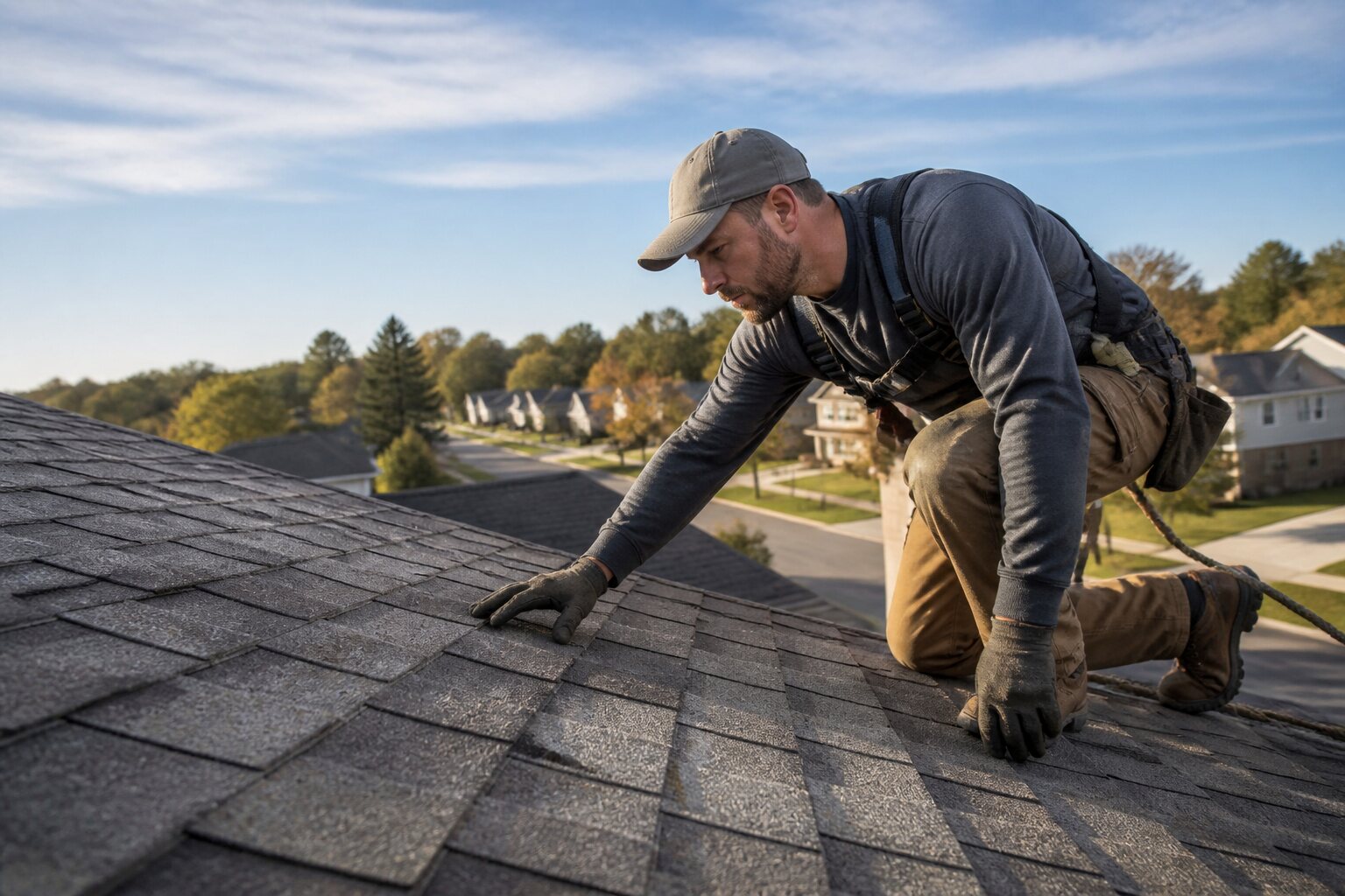 Roofer inspecting shingles on a residential roof